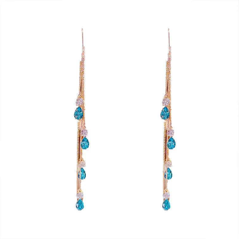 Vintage Temperament Blue Water Drop Diamond Tassel Earrings for Women Korean Fashion Earrings Party Jewelry Accessories Gifts