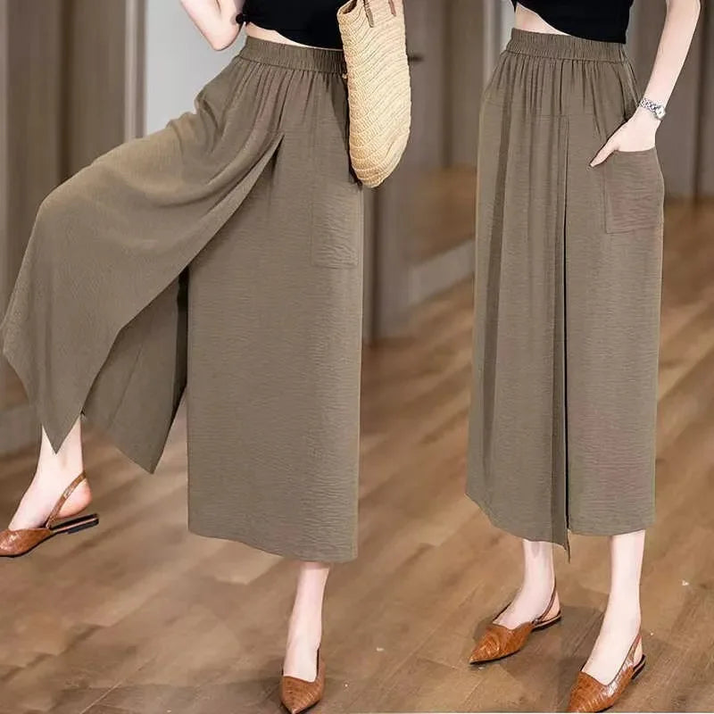 Summer Thin Loose High Waist Slit Lazy Style Skirt Pants Wide Leg Pants for Women