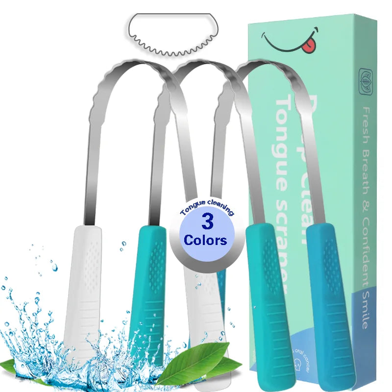 Available Double-sided Tongue Scraper Silicone Handle 304 Stainless Steel Tongue Scraper for Adults and Children