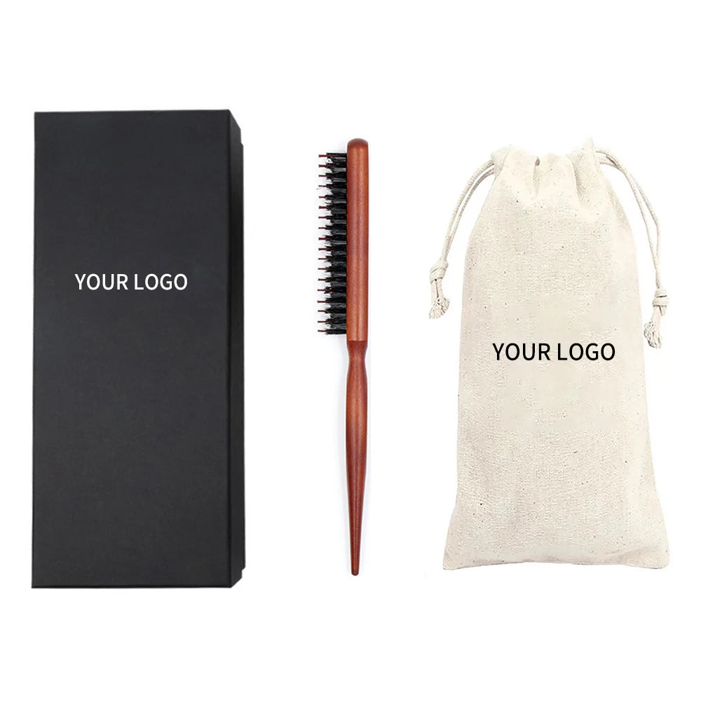 Custom Logo Three-Row Fluffy Boar Bristle Styling Comb Hair Tip Comb for Salon Use Wood Steel Handle Material PC Laser Cut