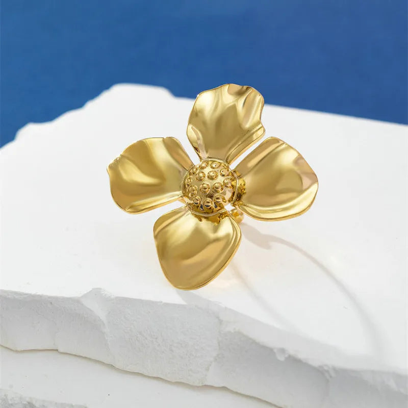 QS Hot Sale Elegant Simple Flowers Stainless Steel Rings 18K Gold Plated Open Rings for Women Trendy Style