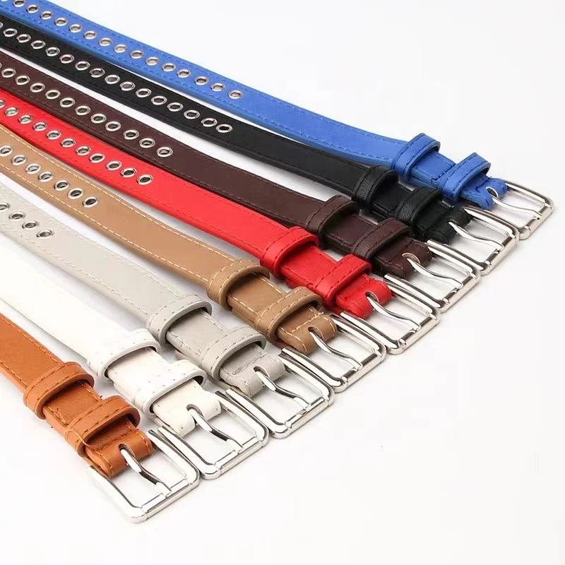 JULUN PU Belt Manufacture Women Studded Belt Multi-color Slim PU Strap Full Eyelet Silver Pin Buckle Casual Waist Belt