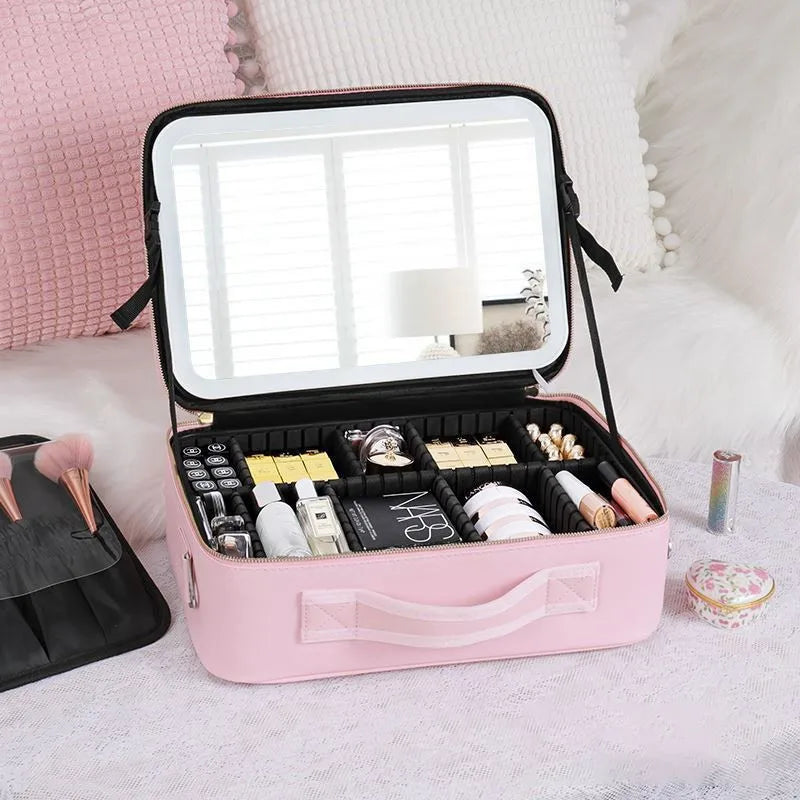 Professional Portable Travel Makeup Bag with Led Mirror Anti-theft Zipper Led Mirror Makeup Bag