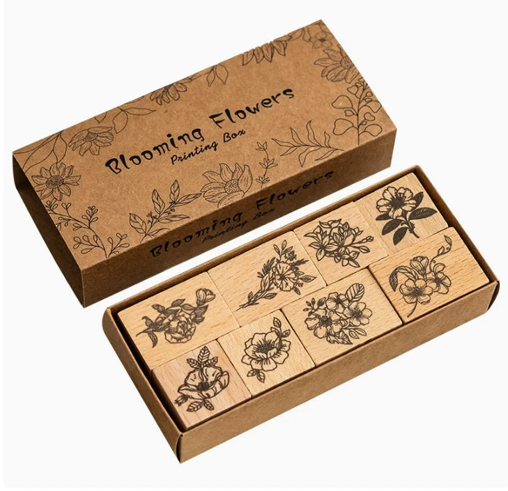 8pcs Vintage Flower Wooden Self-Inking Stamps for Kids and Office Use for Ink Handbooks