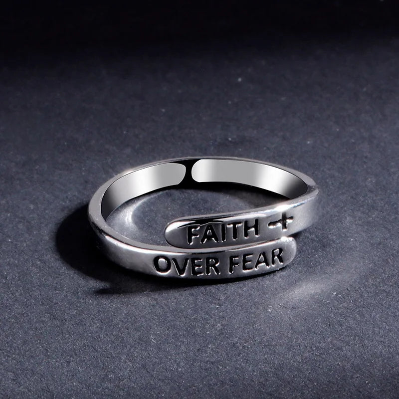 Adjustable Cross Letter Ring Faith Over Fear Ring Silver Inspirational Jewelry Gifts Vintage Faith Religious Ring Men Women Teen