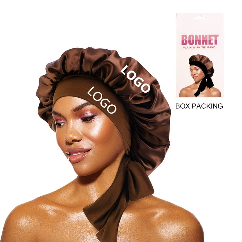 Customized Box Packaging Hair Bonnet  Wide Band Sleeping Cap Custom Logo Satin Bonnets With Tied