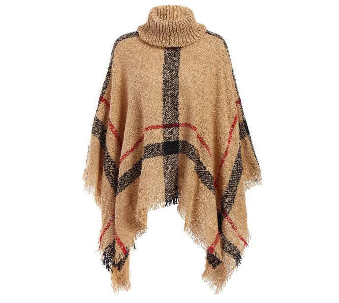 Autumn Winter Woman Ladies Big Size Loose Warm Turtleneck Tassels Checked Shawls Cape