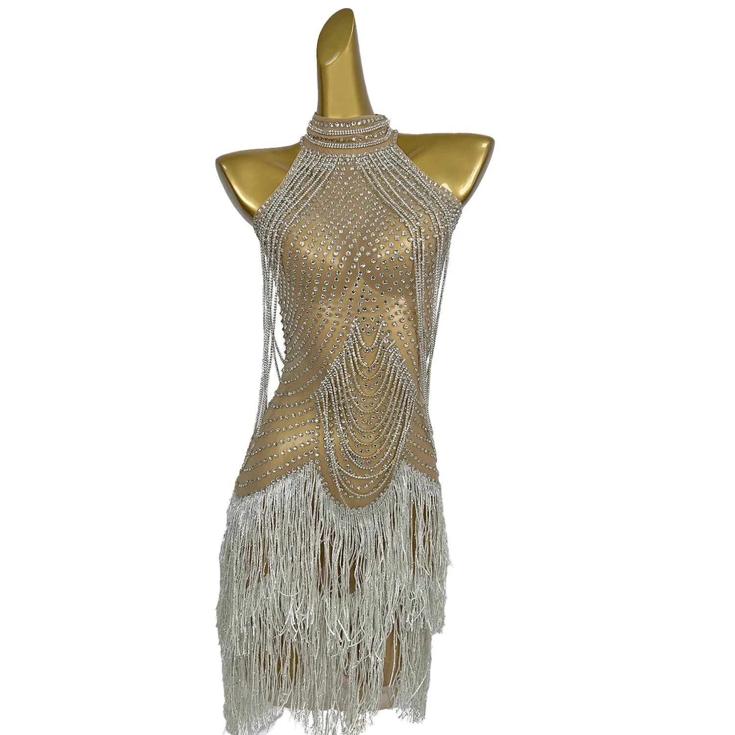 Fashion Birthday Party Crystal Dress Women Tassel Cocktail Dress Las Vegas Show Live House Stage Performance Latin Dance Costume