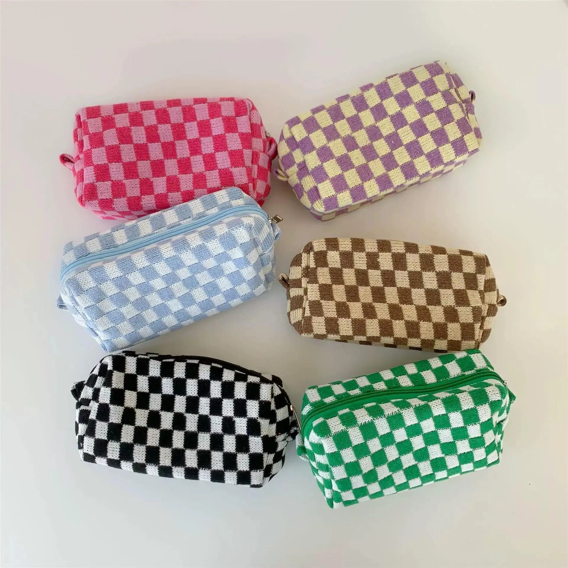 Wholesale Ladies Makeup Pouch Cotton Zipper Knitted Canvas Travel Cosmetic Bag with Checkered Pattern Portable for Women Girls