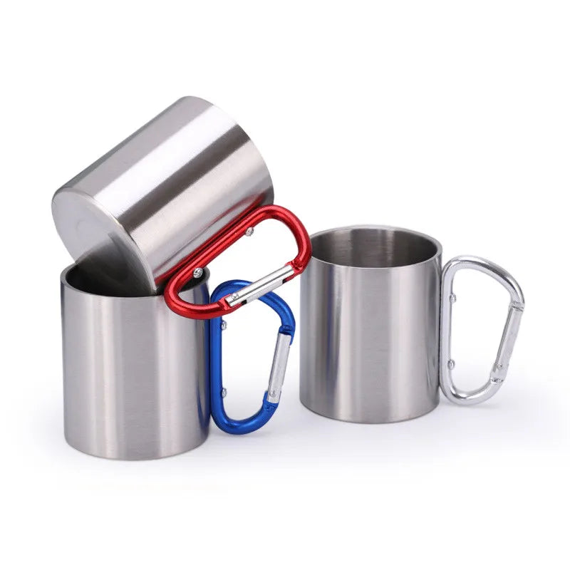 Custom Logo 8oz Camping Travel  Handle Carabiner Mugs 220ml Stainless Steel Double Wall Outdoor Sports Coffee Mug