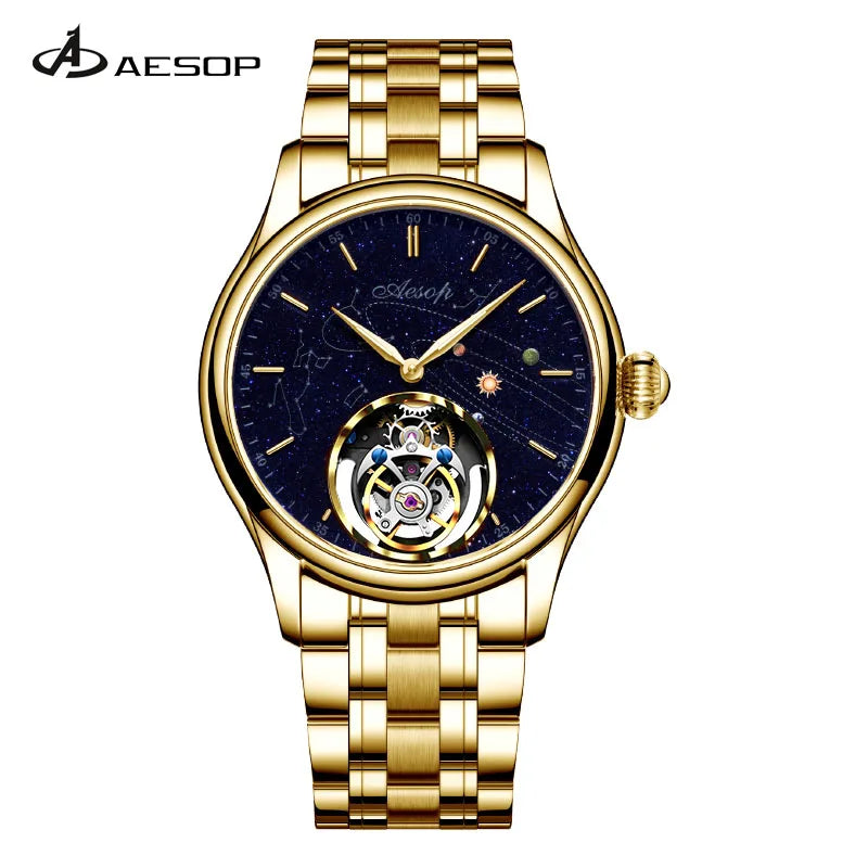 Aesop Watch Father's Day Gift Tourbillon Black Movement Mechanical Watches Planet Flying Cosmic Tourbillon Mechanical Men Watch