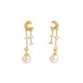 Fashion Jewelry 925 Sterling Silver Moon Round Zircon Tassel Pearl Drop Pendant Gold Plated Stud Earrings for Women