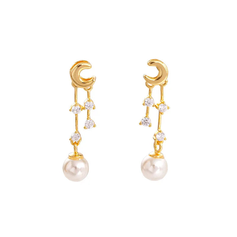 Fashion Jewelry 925 Sterling Silver Moon Round Zircon Tassel Pearl Drop Pendant Gold Plated Stud Earrings for Women