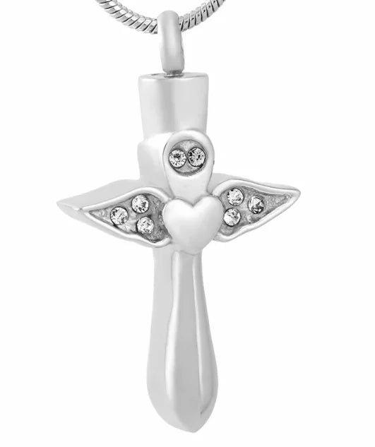 Crystal Angel Wing Heart Cross Urn Stainless Steel Flying Locket Cremation Ash Holder Keepsake Memorial Pendant Ash Urn Necklace