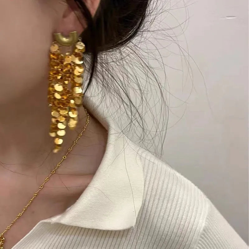 Exaggerated Design Metal Glitter Dynamic Tassel Earrings - Handcrafted with European and American Artistry Bold Individualistic