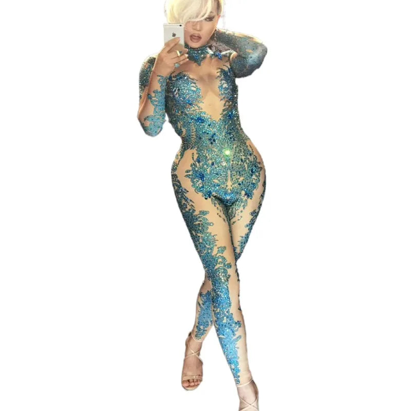 Blue Crystal Playsuit  Stretch Women Pole Dance Leotard Nightclub Prom Jumpsuit Festival Stage Costume Performance Outfit