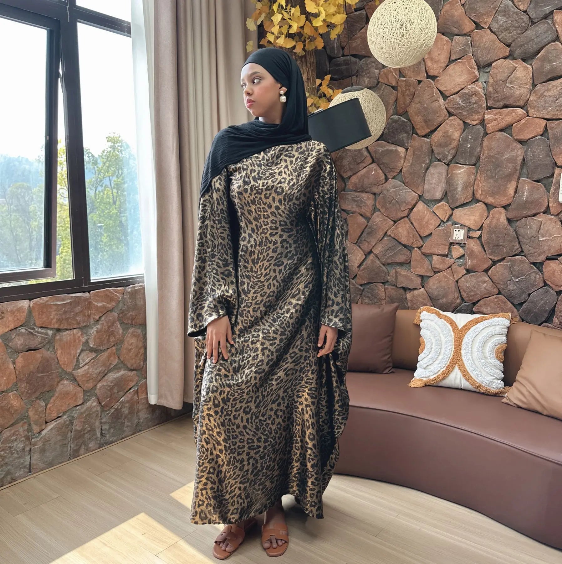 Turkey Leopard Print Women's Muslim Dress batwing Sleeves Maxi Dress Islamic Robe