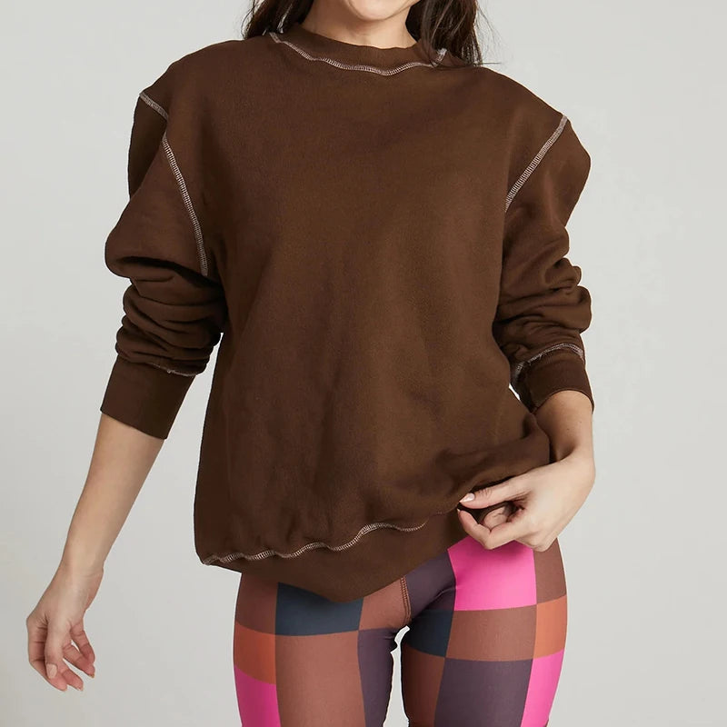 Wholesale Custom Womens Oversize Blank Sweatshirt Crew Boxy Cozy French Terry Exposed Contrast Stitch Crew Neck Sweatshirt