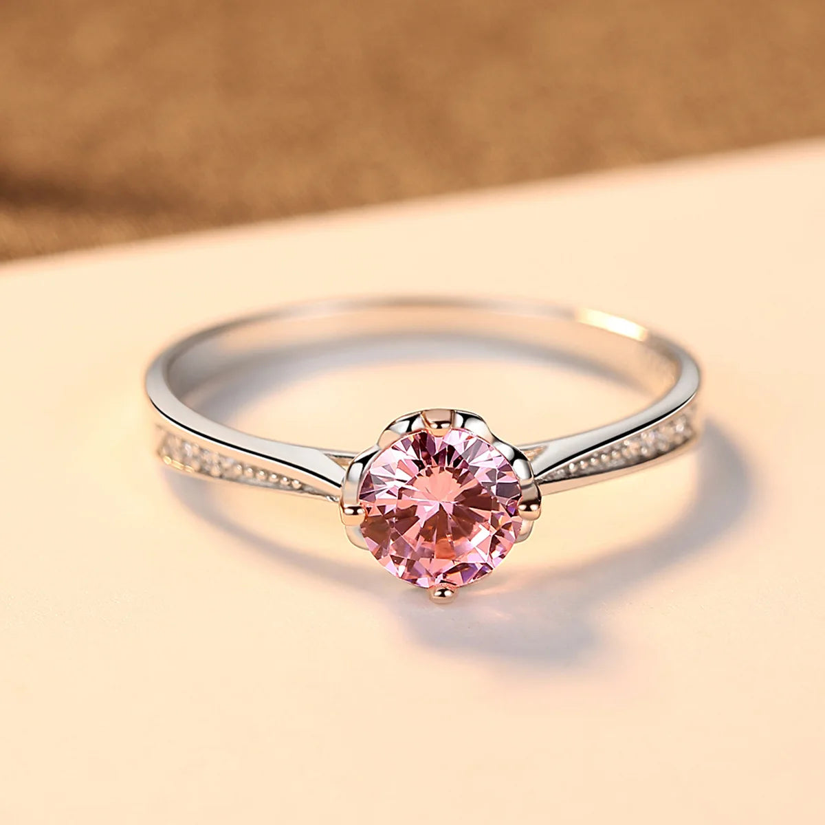 Fashion Wedding Ring S925 Sterling Silver Ring Simple Elegant Pink Zircon Gemstone Ring