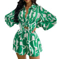 S-XXL Autumn New Product Women's Casual Print Polo Collar Cardigan Loose Long Sleeved Shorts Set