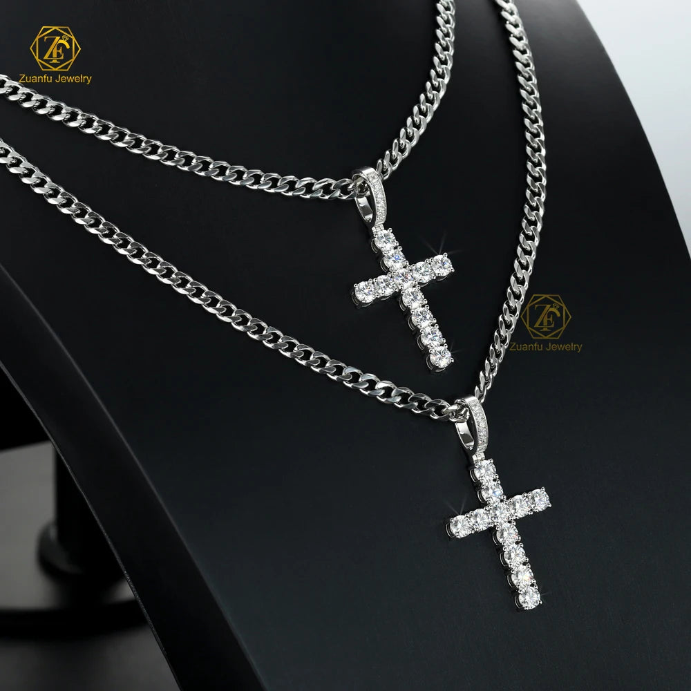 Hip Hop Jewelry 925 Silver White Iced Out VVS Moissanite Diamond Geometry Necklace Men 5mm Moissanite Cross Pendant