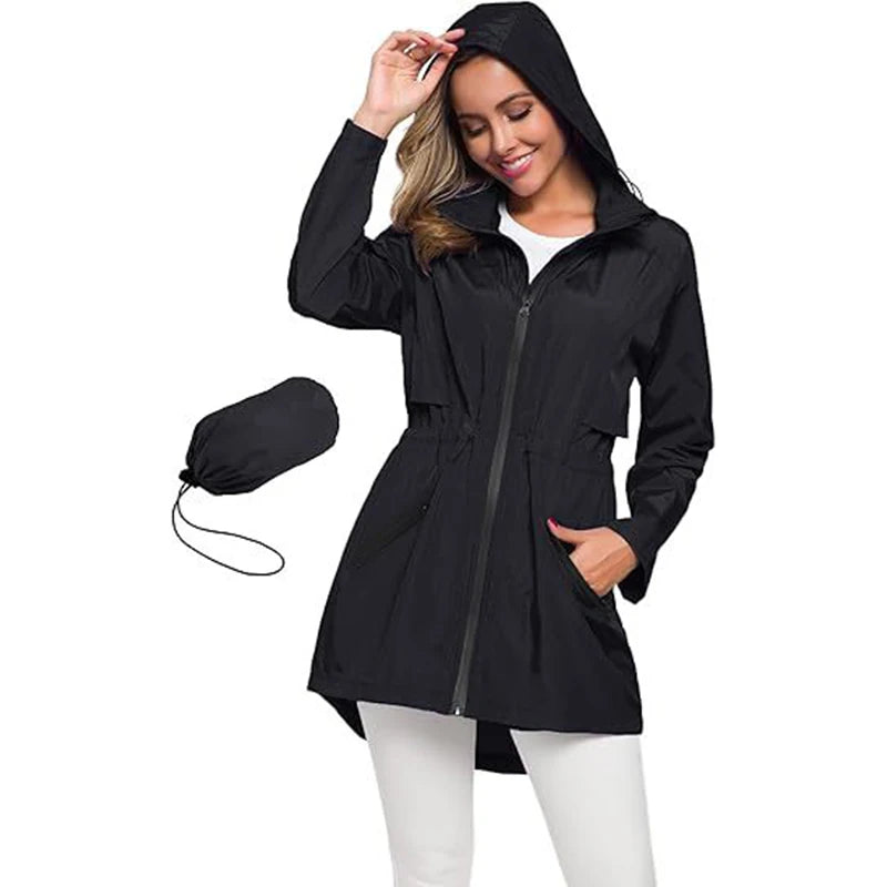Foldable Hood Lightweight Jacket with Pockets Hooded Rainproof Windbreaker Women's Raincoat Long Jacket Can Be Customized