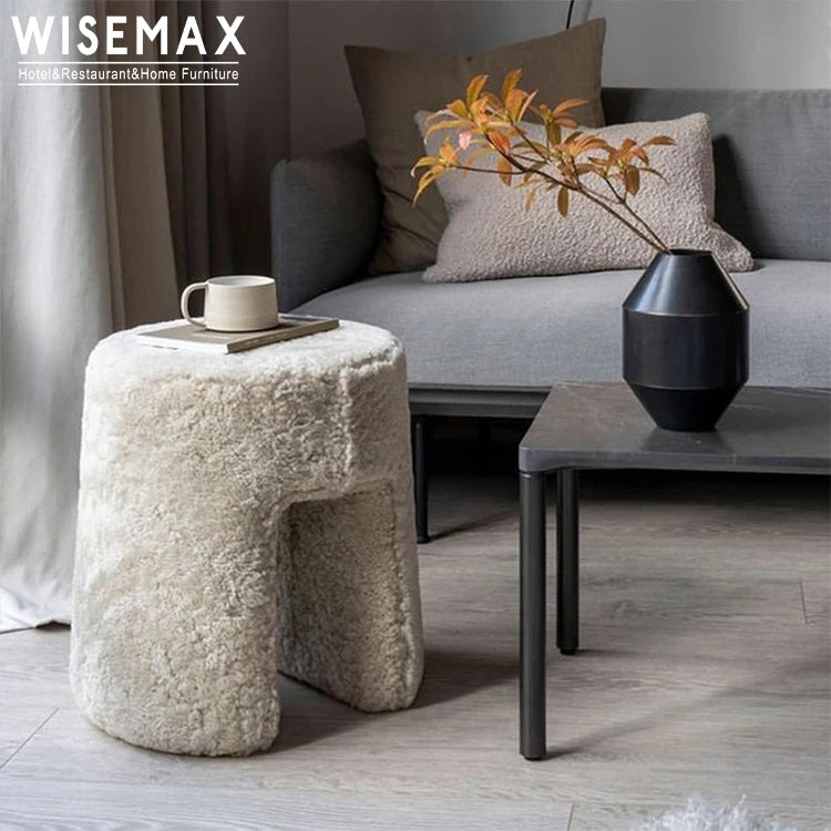 WISEMAX FURNITURE Soft Lamb Wool Fabric High Density Sponge Upholstery Ottoman Stool Cute Kids Mini Chair for Living Room