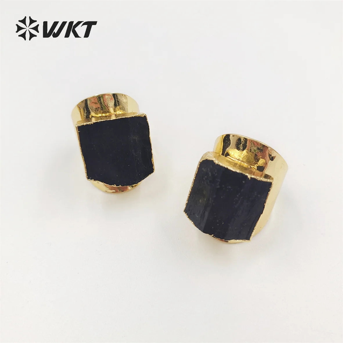 WT-R422 Women Beautiful Energy Black Tourmaline Stone Ring 18k Real Gold Plated Natural Stone Wide Birthday Gift Ring