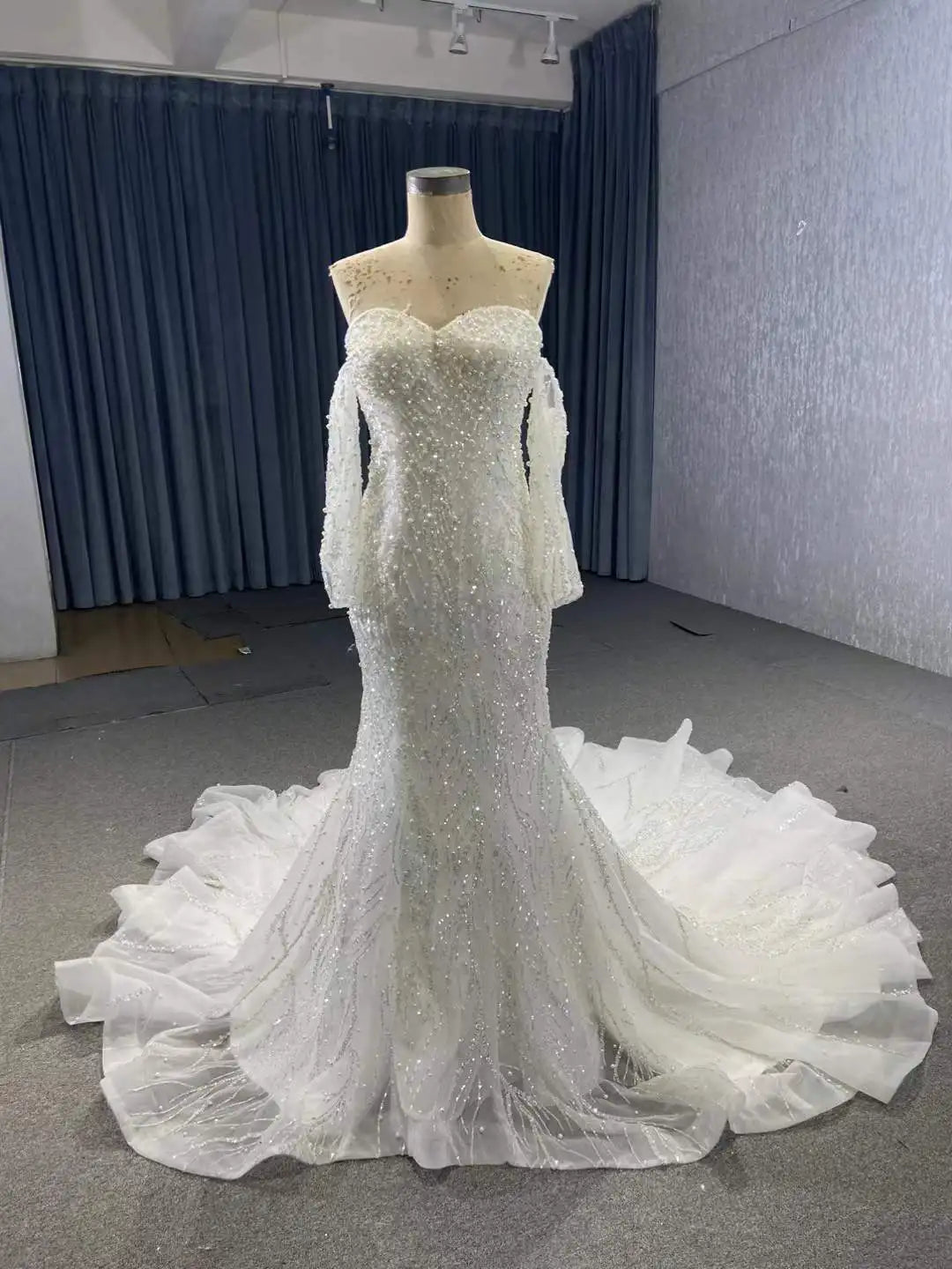 QUEENSGOWN Modern Ivory Off-Shoulder Mermaid Lace up Back Wedding Dress with Shiny Sequins and Pearls Bridal Gown