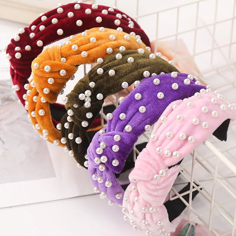 HOVANCI Fashion Sweet Tie Knot Velvet  Headband Anti slip Wide Silk Natural Freshwater Pearl Hair Band