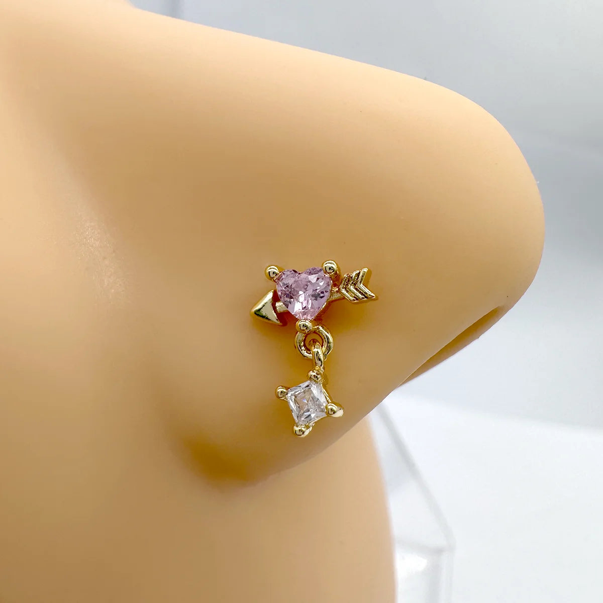 Cute Pink Heart CZ Arrow L-Shape Stainless Steel Bar Nose Ring Studs 14K Gold Plating Gift Party Wedding Copper Top Nose