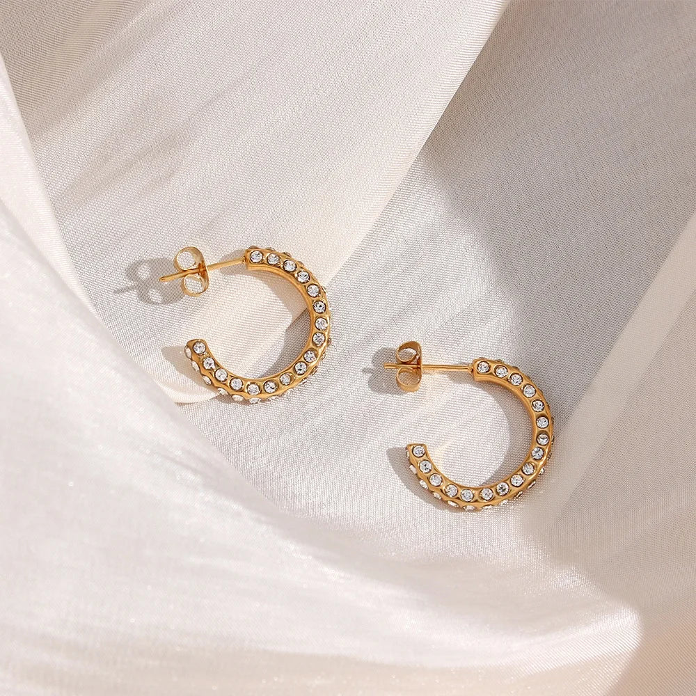 New Design Fashion Gemstone Jewelry Hypoallergenic 18K Gold Plated Stainless Steel Full CZ Shiny Zircon Hoop Earrings for Girls