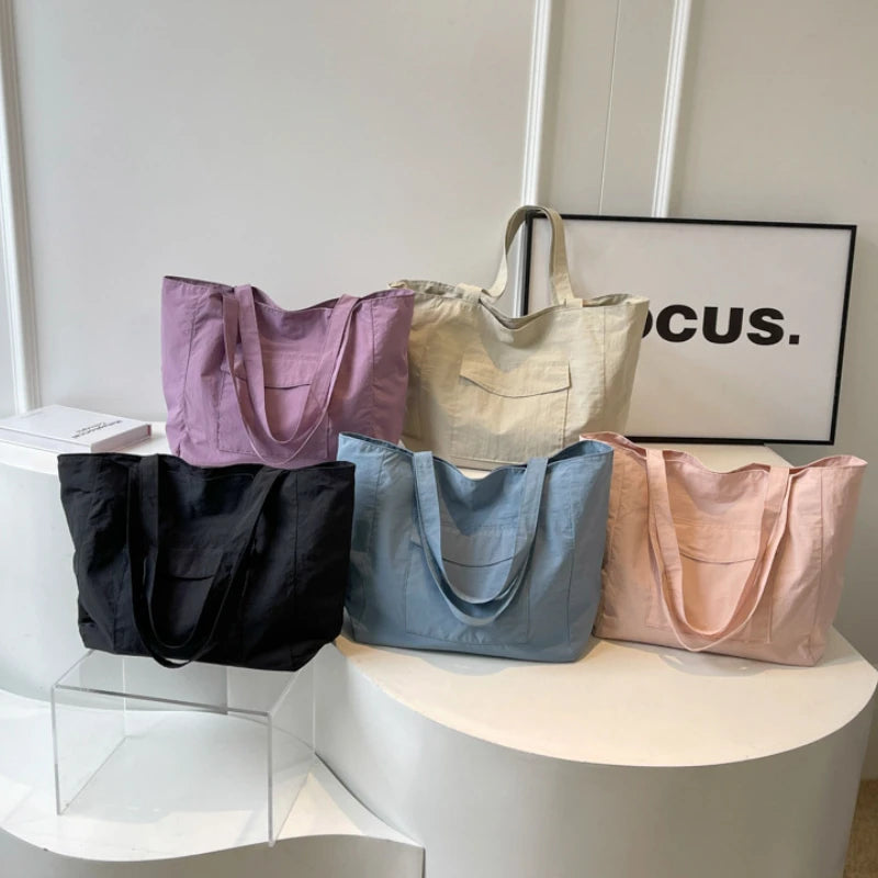 Large Capacity Women's Nylon Shoulder Bag Simple Female Travel Shopping Bags Solid Color Girls Book Handbags Big Tote