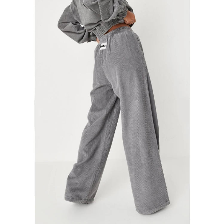 Women Corduroy 2 Piece Cropped Half Zip Sweatshirt and Wide Leg Pants Set Streetwear Tracksuit Custom Loungewear Fashion Outfits