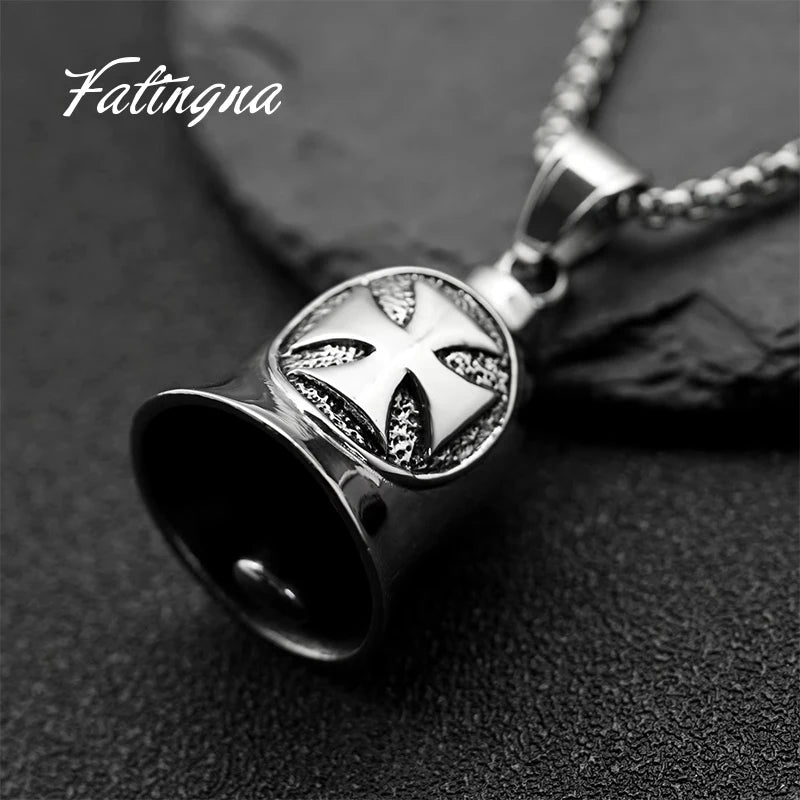 Fatingna Vintage Style Stainless Steel Viking Guardian Bell Pendant Necklace for Men Biker Punk Jewelry with Silver Pearl Charm