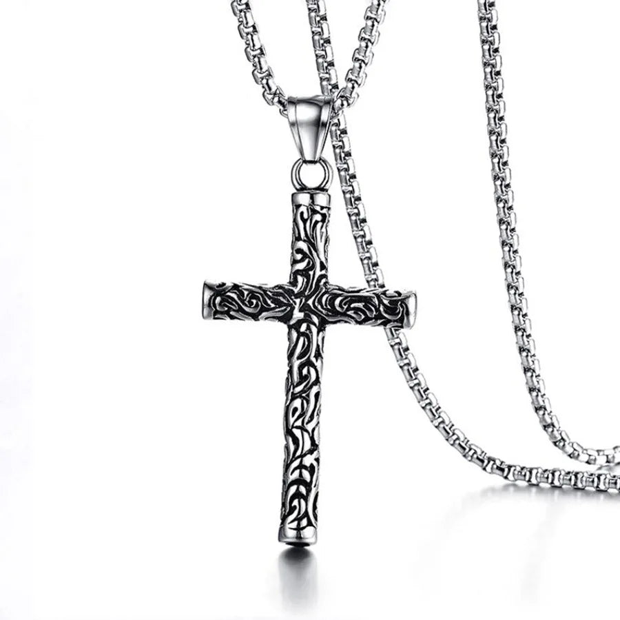 European American Vintage Cross Necklace with Stainless Steel Chain Personalized Carving Trendy New Jewelry Wholesale