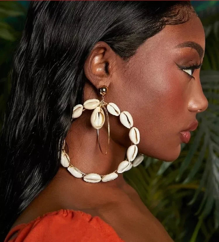 Hawaiian Style Gold Plated Aretes Brincos Pendientes Seashore Holiday Double Hoop Sea Shell Drop Earrings for Women