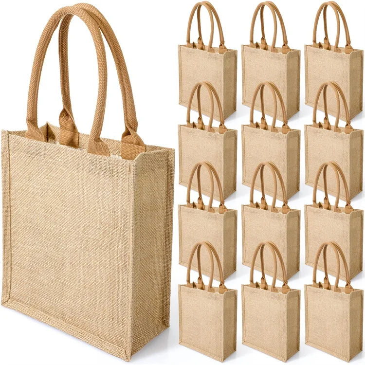 Customized Printed Logo Wholesale High Grade Wooden Bamboo Handle Portable Jute Burlap Shopping Tote Bag
