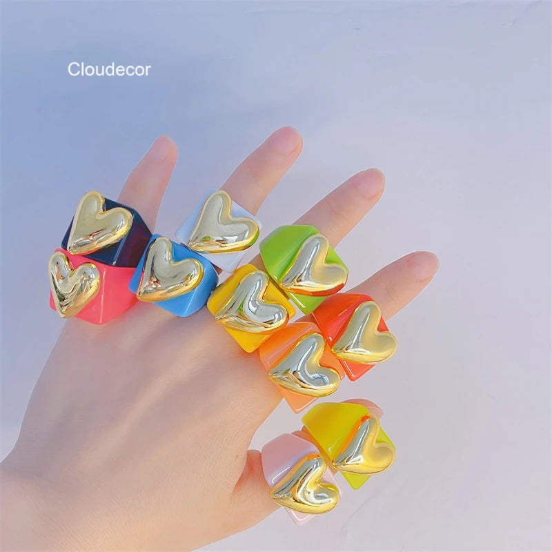 Summer Candy Colored Resin Rings Valentine's Day Gift Love Women Couple Ring Gold Plated Heart Charm Rings