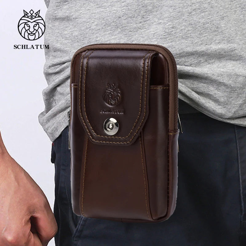 SCHLATUM Custom Logo Wholesale Genuine Cow Leather Vertical Small Mens Belt Bag Funny Pack Waist Bags