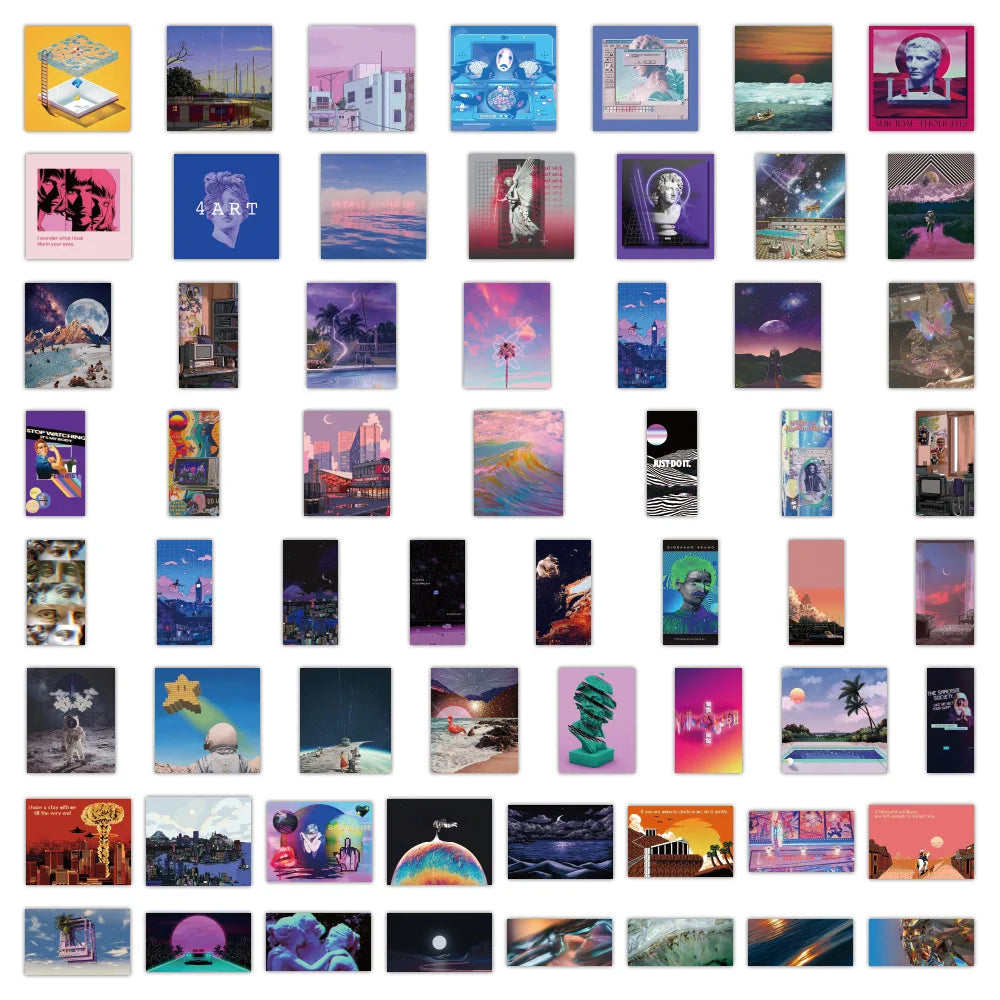 60PCS Fashional Cool Purple Abstract Aesthetic Girl Vaporwave Art Sticker Classic Anime Collection Poster