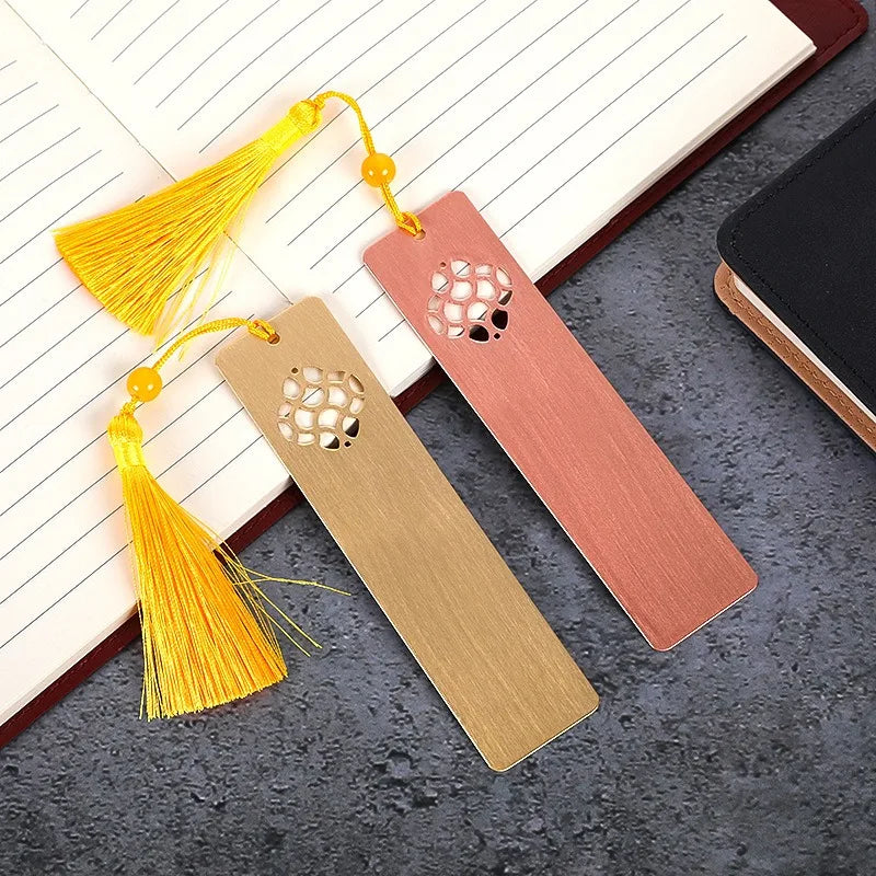 Wholesale Custom Gold Etched Metal Crafts Brush Finished Hollow Out Tassel Bookmark