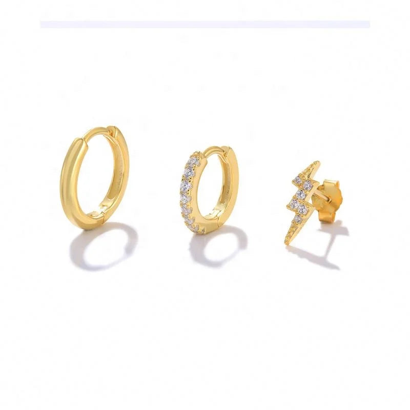 925 Silver Flash Shape Zircon Stud Earrings Round Gold Plated Huggie Hoop Earring Set for Women