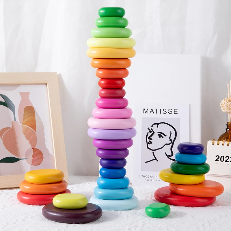 6pcs Educational Blocks Montessori Toy Children Wooden Rainbow Stacker for Kids 18m+
