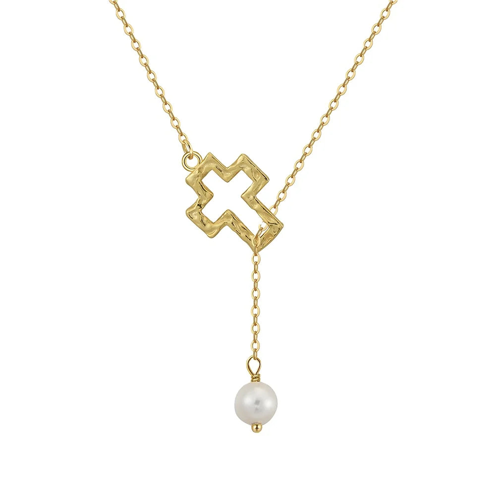 RINNTIN GPN76 Baroque Pearl Hollow Cross Pendant Necklace 925 Sterling Silver Fashion Fine Jewelry Necklaces for Women