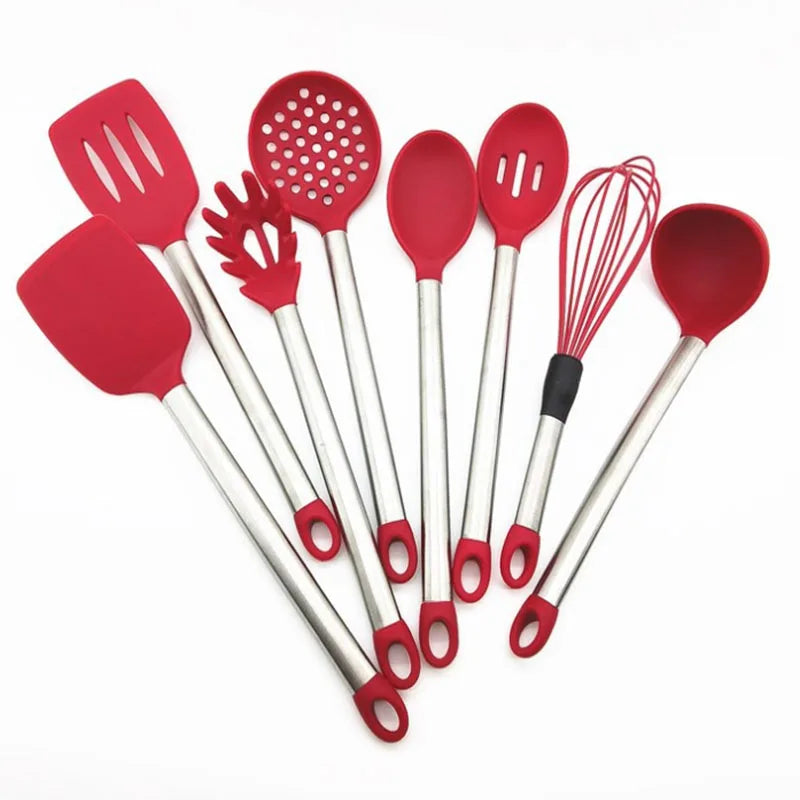 2026 Dishwasher Safe Cooking Accessories Good Selling Non-Stick Red Silicone Kitchen Utensil Set with Stainless Steel Handle
