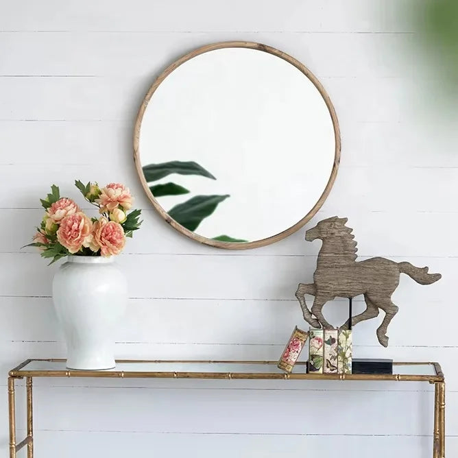 28" Round Wood Mirror Wall Mounted Mirror Home Decor for Bathroom Living Room