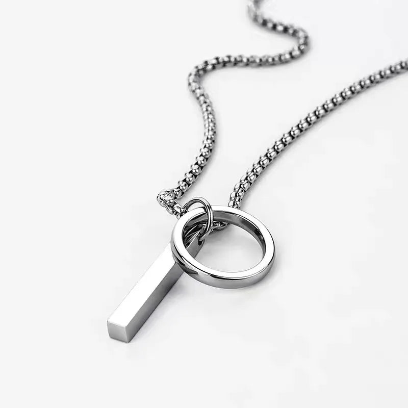 Fashion Men Jewelry Ornament Geometric Necklace Titanium Ball Ring Hoop Rectangle Blank Pendant Stainless Steel Chain Necklace