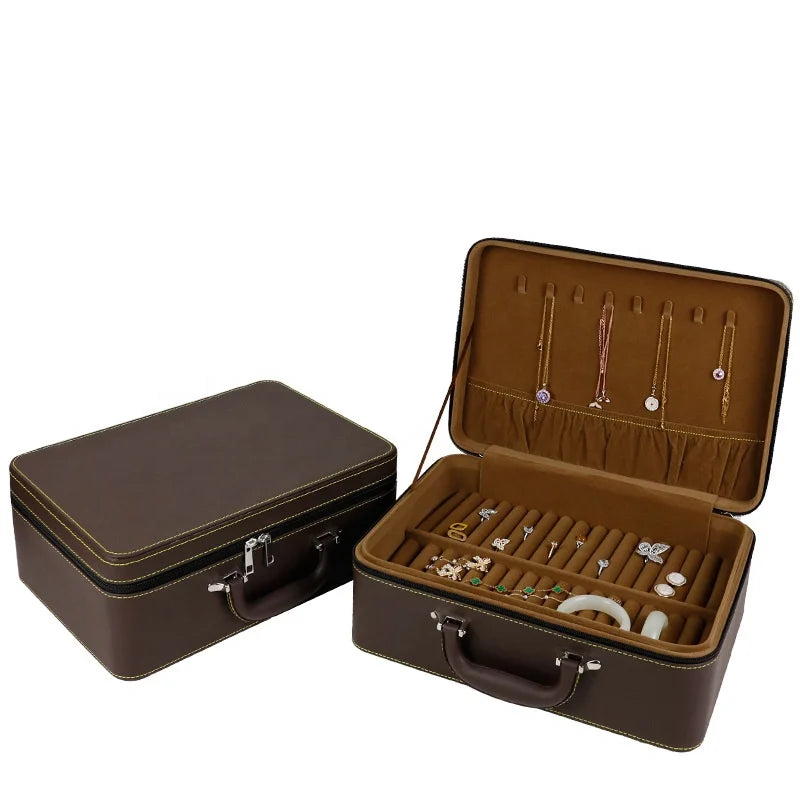 Factory Wholesale Large Capacity PU Leather Jewelry Storage Box Brown Ring Necklace Box for Wholesale Jewelry Storage