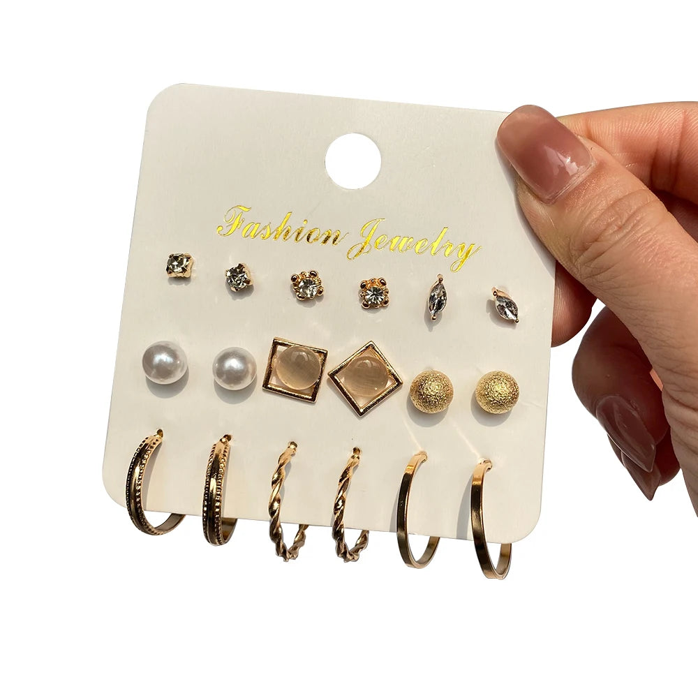 VKME Trendy Gold Huggie Hoop Earrings Set for Woman Party Gift Acrylic Pearl Mixed Designs Stud Earrings